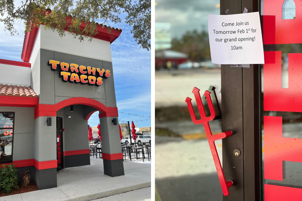 Pitch Fork Door Handle is in the picture and a sign saying they open on February 1st.