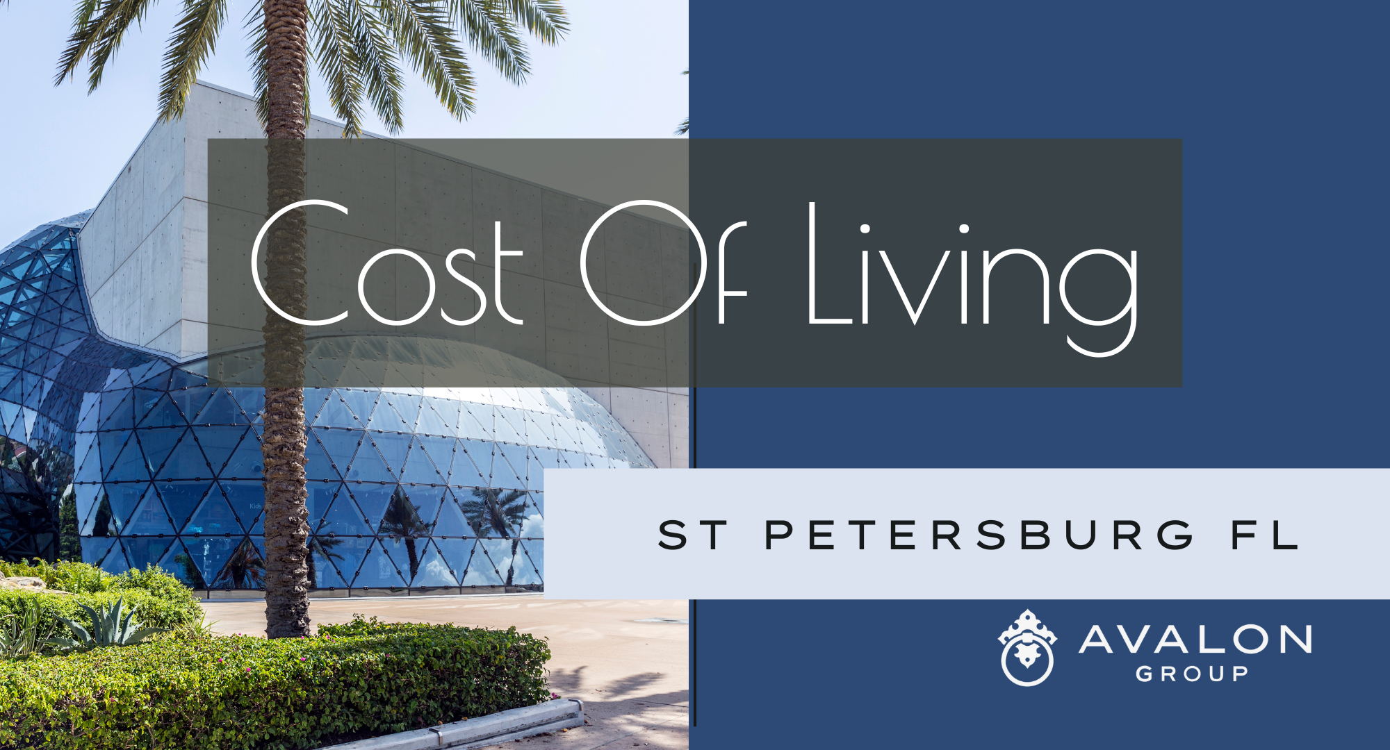Cost of Living St Petersburg Florida is written on this title picture. There is a picture of the rounded glass section of the Dali Museum in the background.