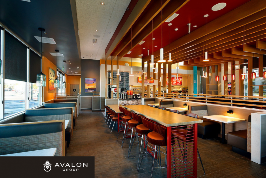 Picture is a rendering of the interior of the new habit burger in Largo FL. It is flanked with red stools, and blue booth seats.