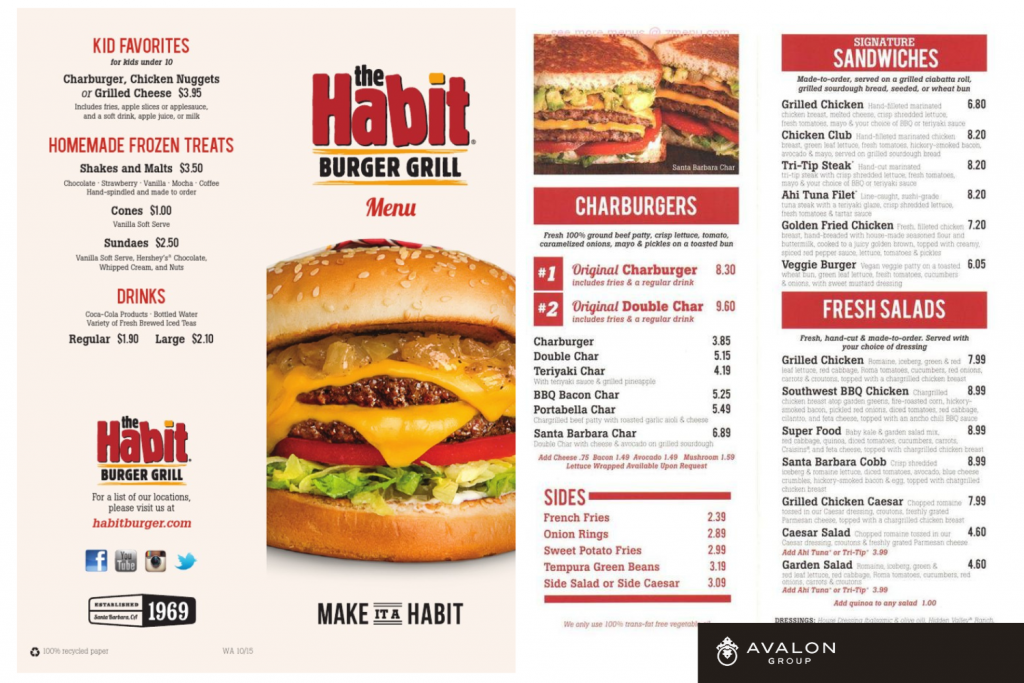 This picture shows the full menu of Habit Burger. It is a white menu with red and black writing.