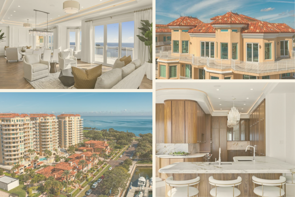 Most Expensive Condos Tampa Bay Picture shows the Vinoy building, the living room and one view of the kitchen with wood cabinets.