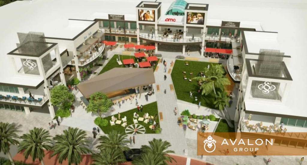 Aerial view of the remodeled courtyard at the Sundial Mall. There are red umbrellas, grassy areas and a new modern Japandi Style covered bar.