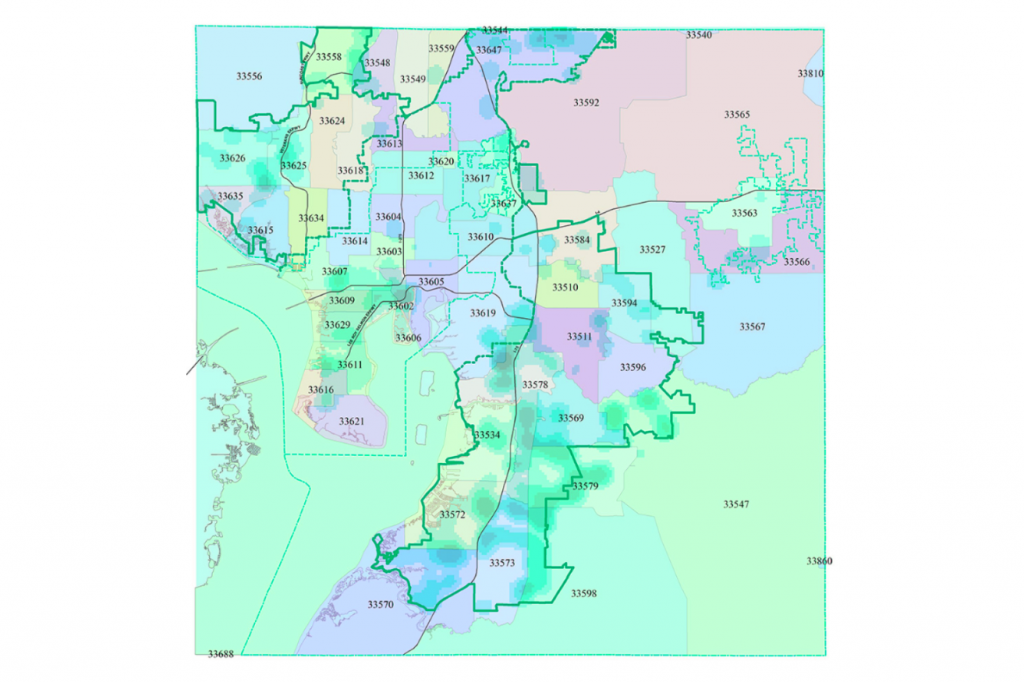 Tampa Zip Code Map in green, teal purple and blue colors.