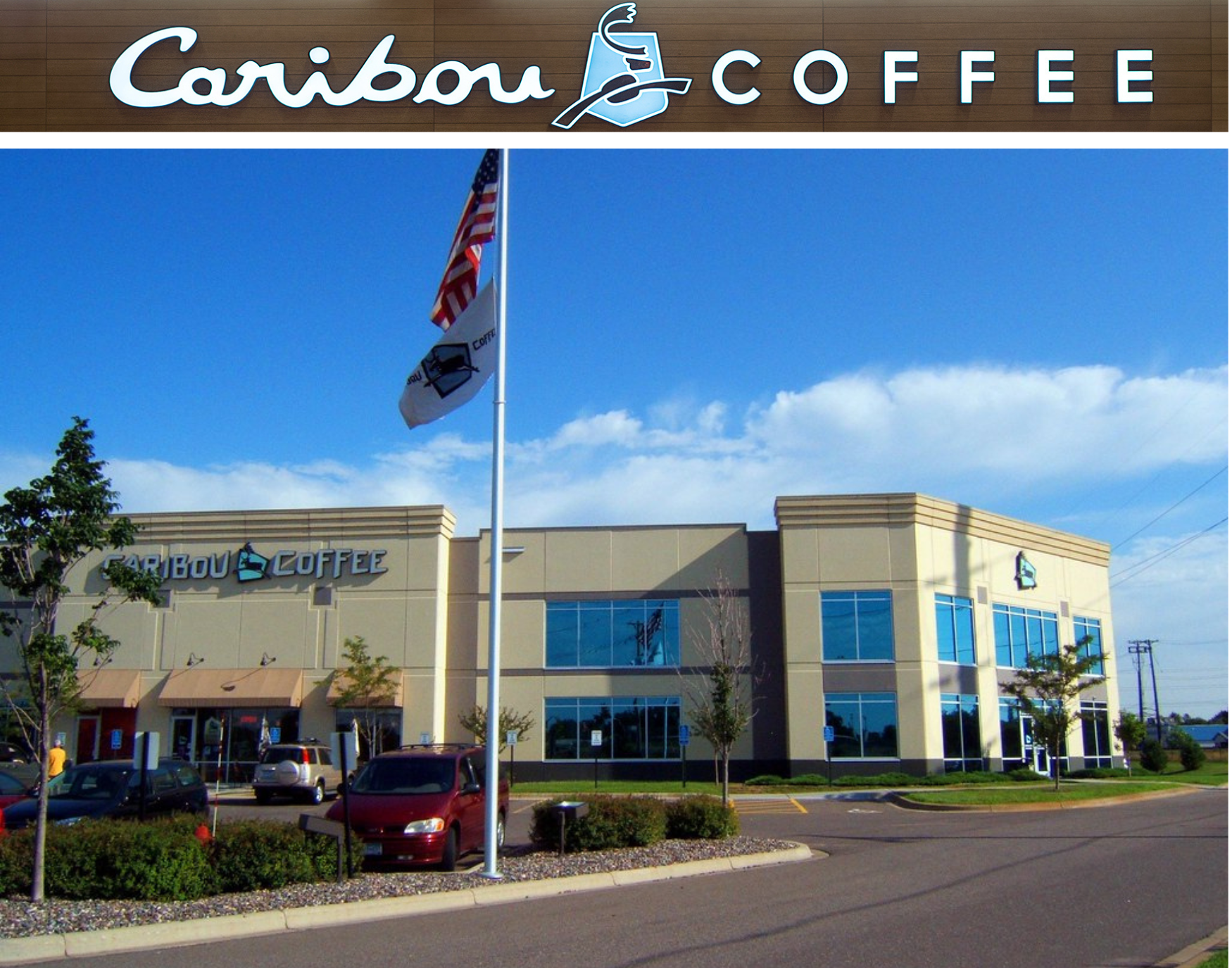 Caribou Company Headquarters in the picture. The building is 2-story and the outside is beige.