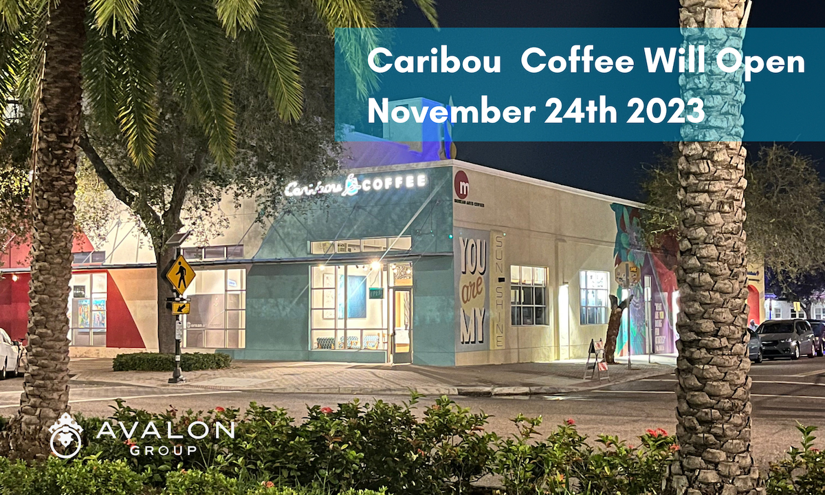 Caribou Coffee Will Open November 24th 2023 Picture shows front of the coffee shop at night.