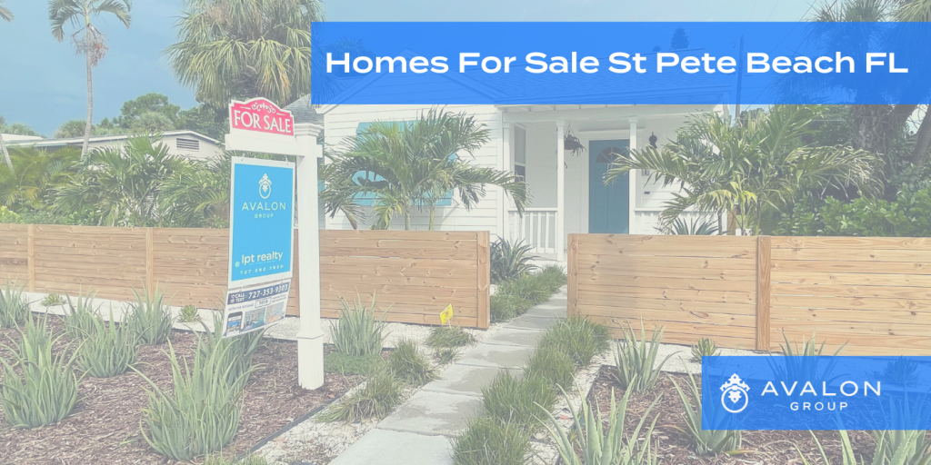 Homes For Sale St Pete Beach FL Cover picture with a white bungalow with blue trim in the picture. There is modern landscaping and a modern wood fence.