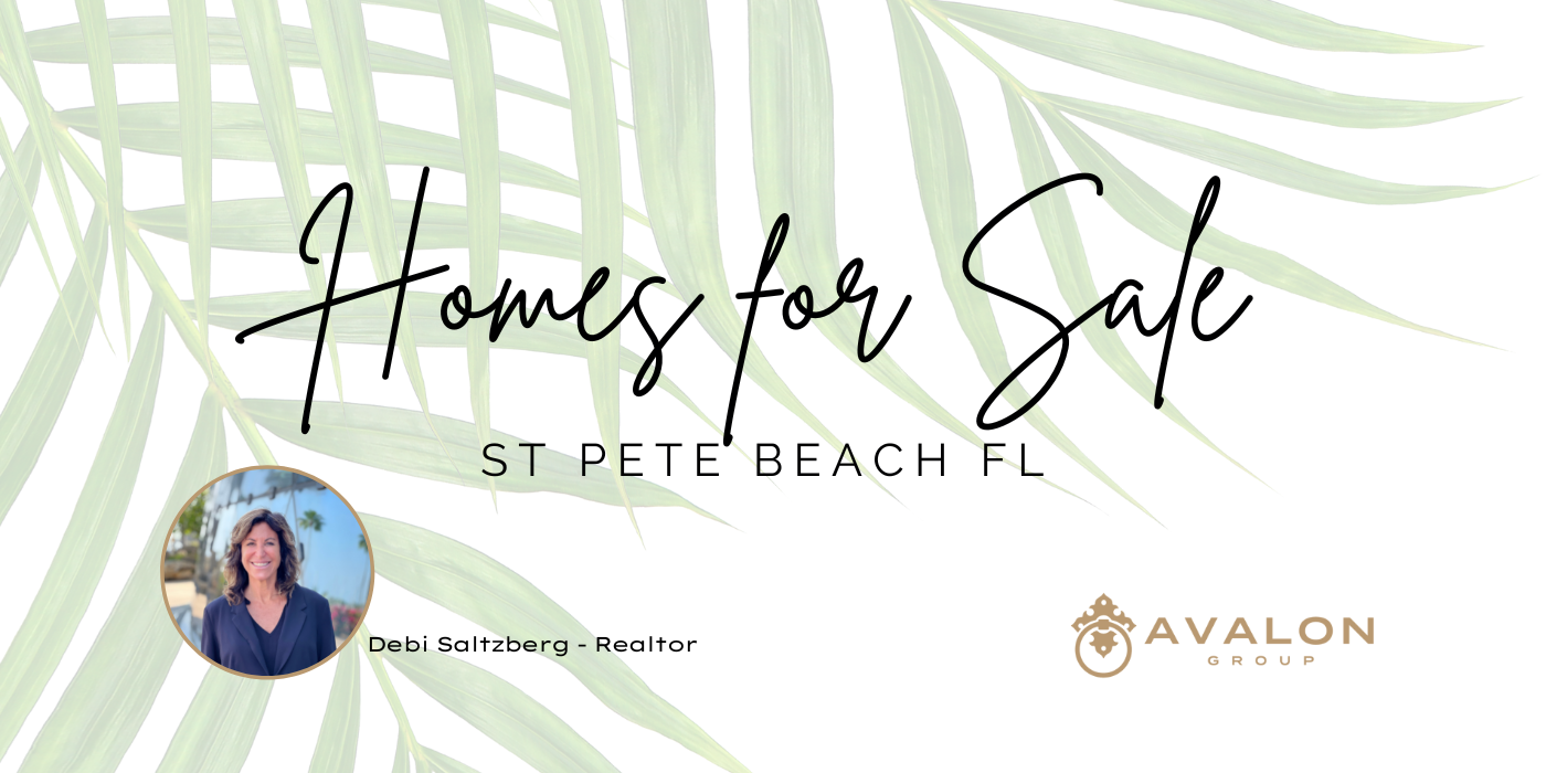 Homes For Sale St Pete Beach FL cover picture with painted palm fronds in background that are green. Debi Saltzberg Realtor Picture also on cover.