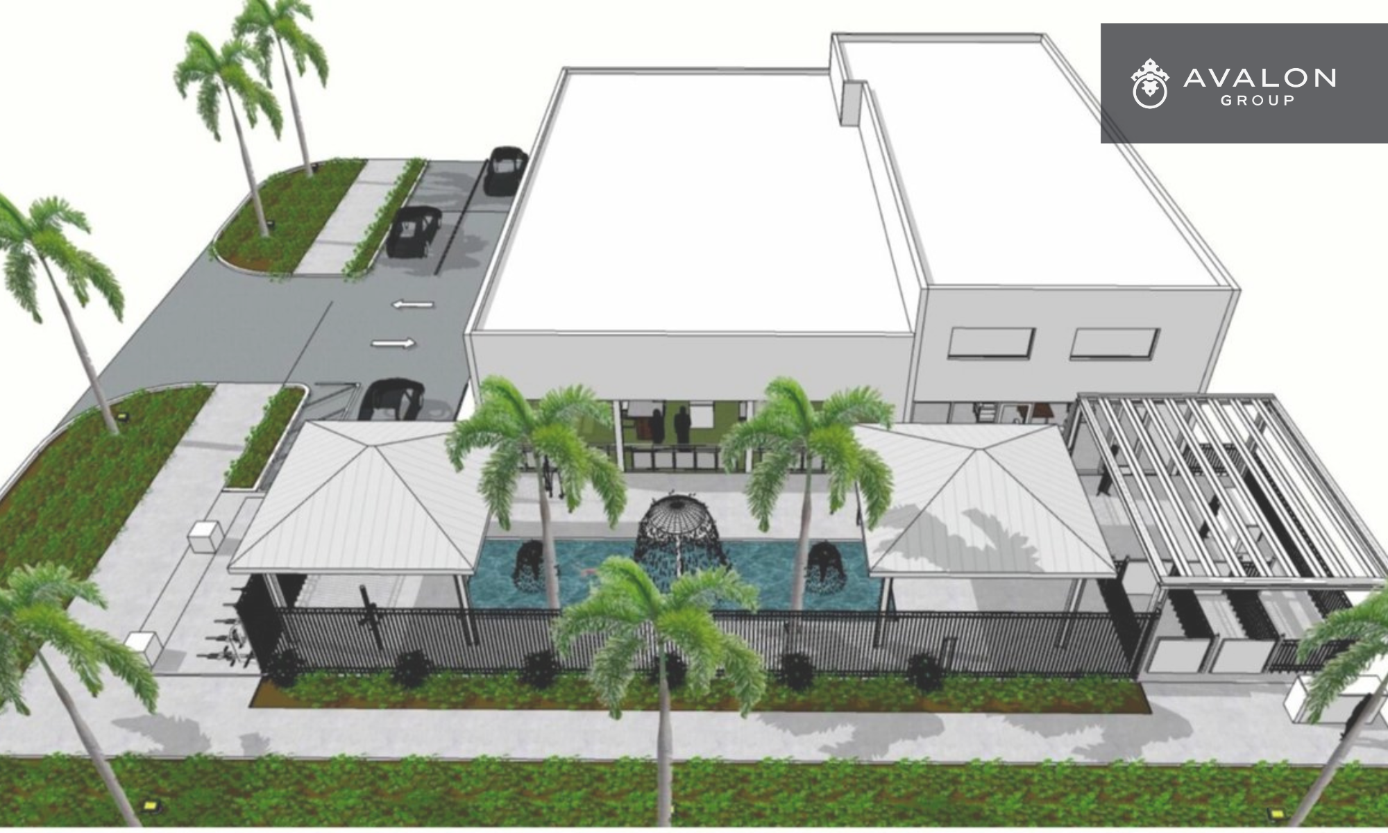This is the rendering of the new Mutts and Martinis on Central. The picture shows the pool area and building.