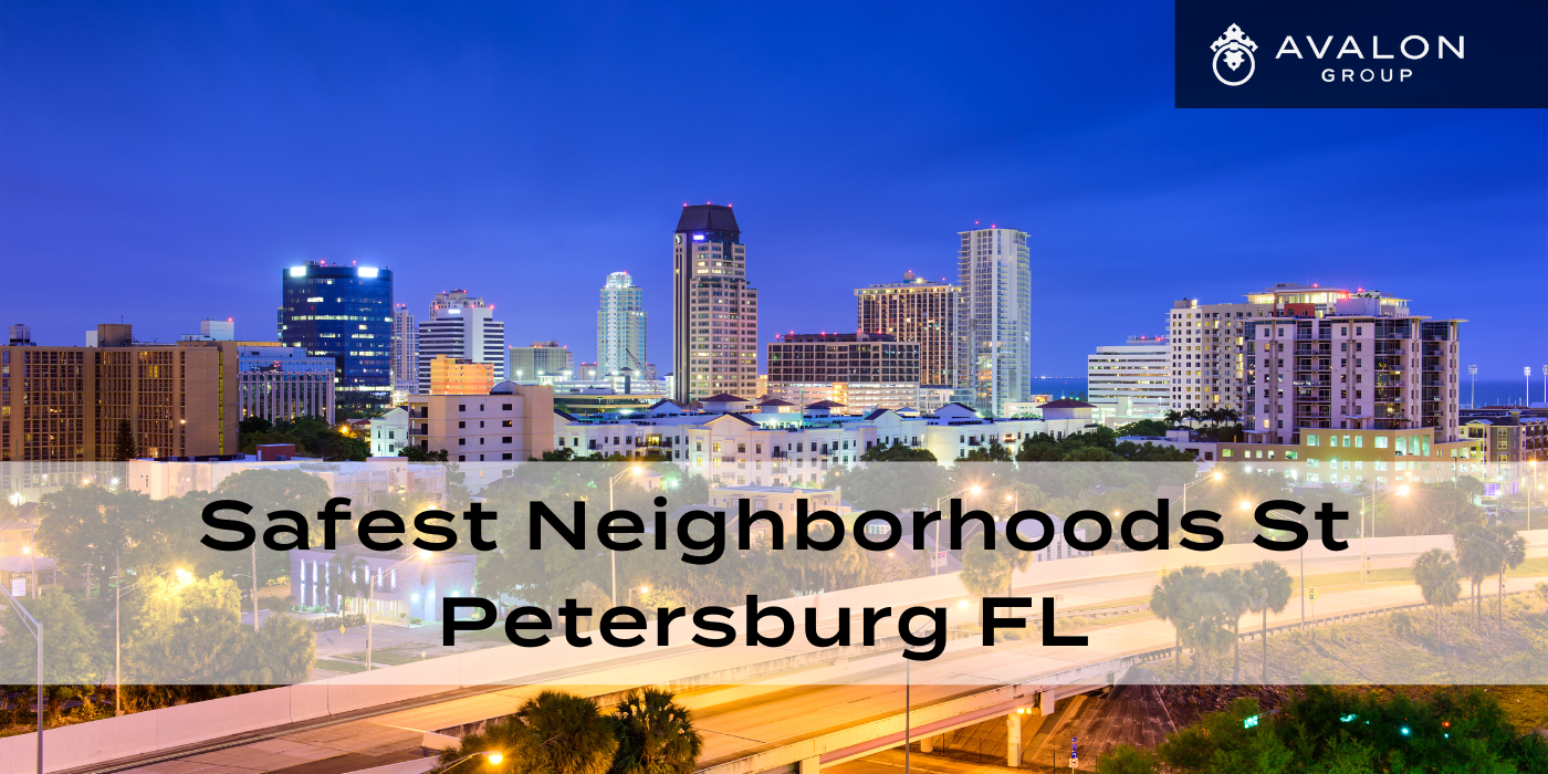 Safest Neighborhoods St Petersburg FL Cover pic shows the city at evening with a dark blue sky.