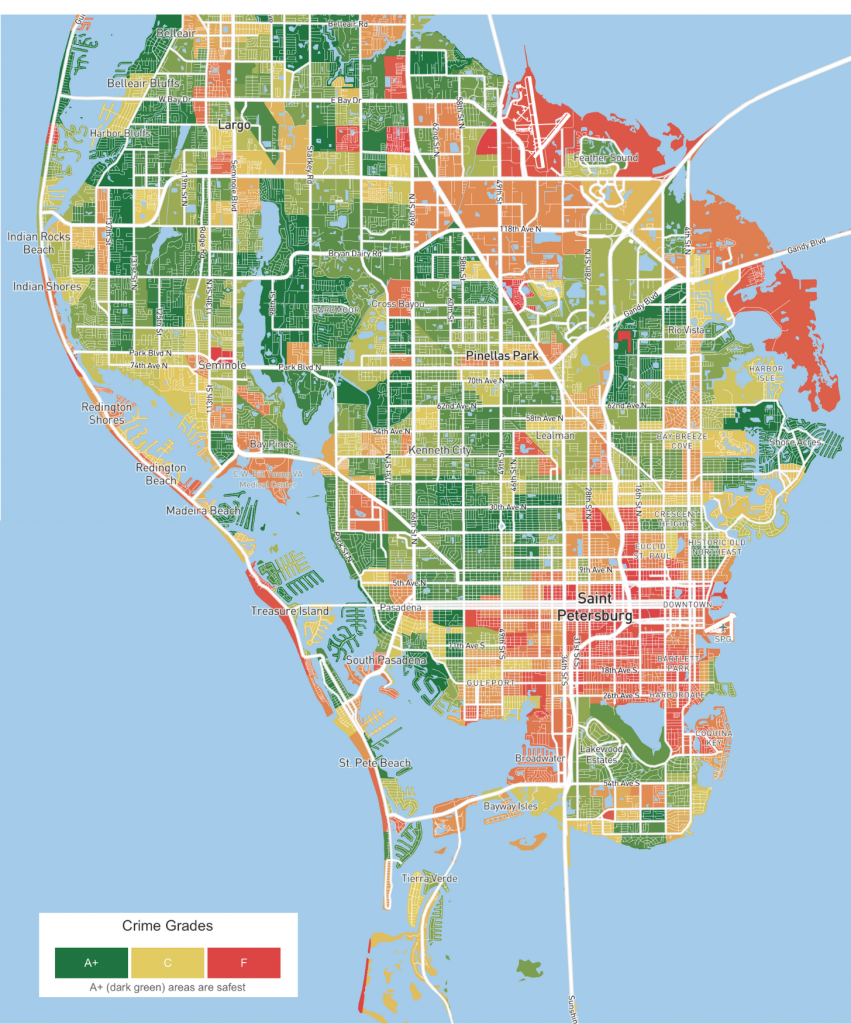 Here is a map from Crimegrade.org that shows the current violent crime rate in St Petersburg FL.  Red areas have highest rate and green has the lowest rate.  There are also orange and yellow sections on the map and the roads are white in color.