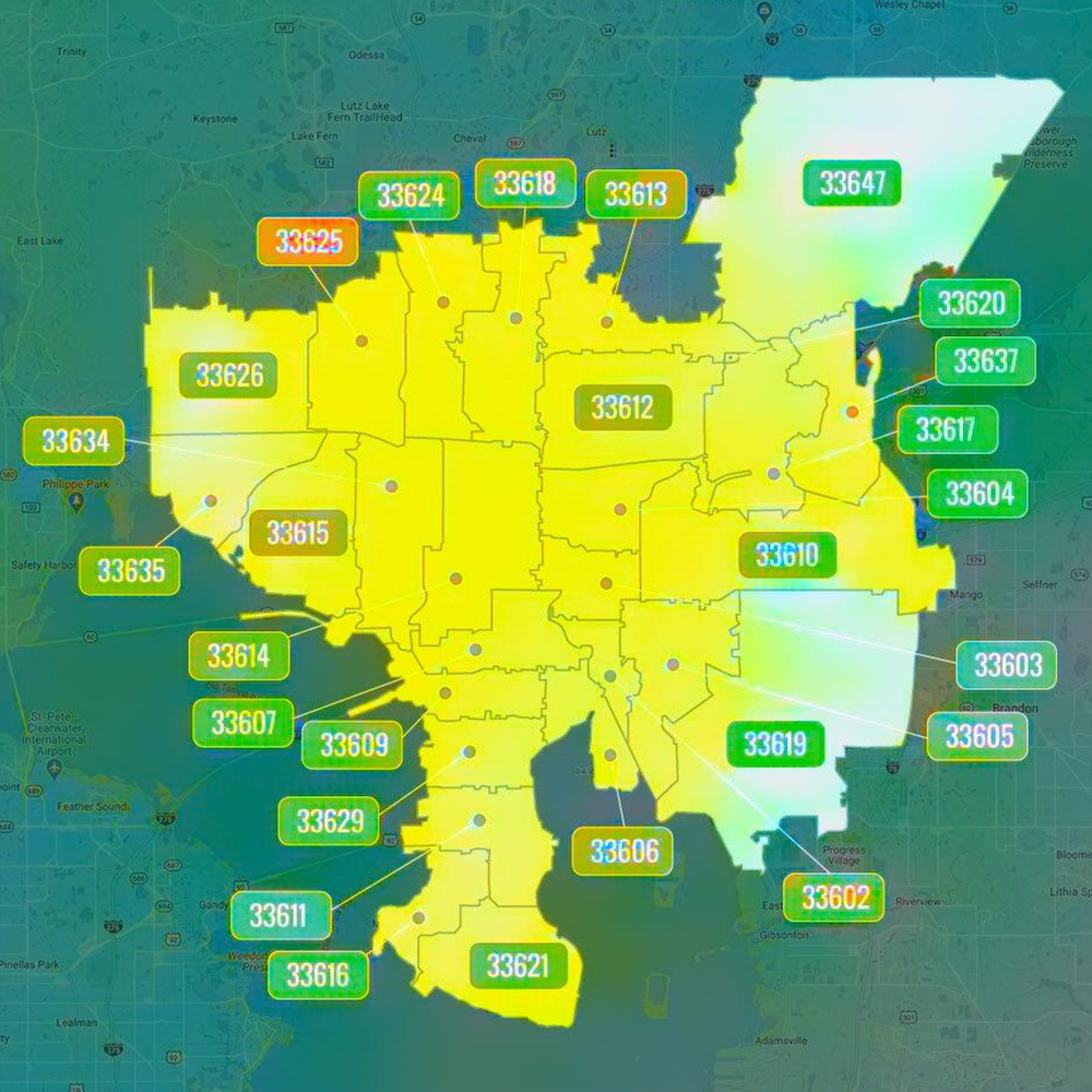 Tampa Zip Codes-picture shows a map with all the zip codes marked.