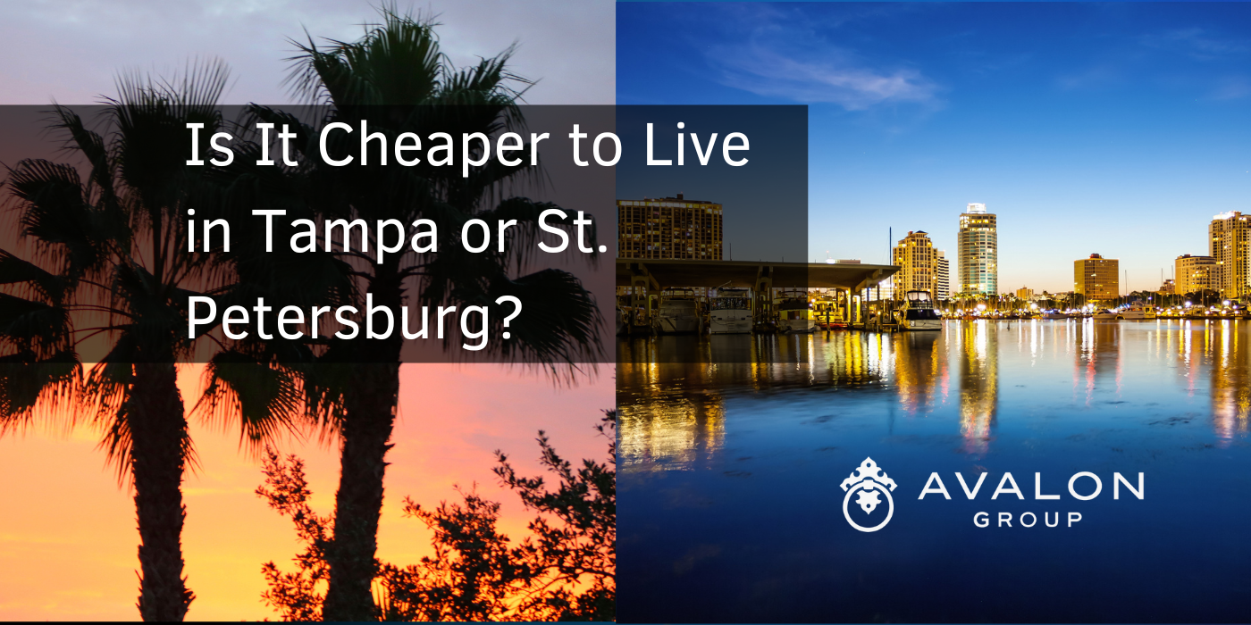 Is It Cheaper to Live in Tampa or St. Petersburg Cover picture shows tall buildings at night and a palm tree at sunset.