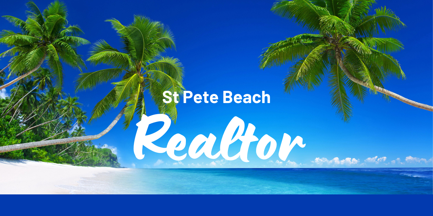 St Pete Beach Realtor Cover picture shows the beach with palm trees and a deep blue sky.