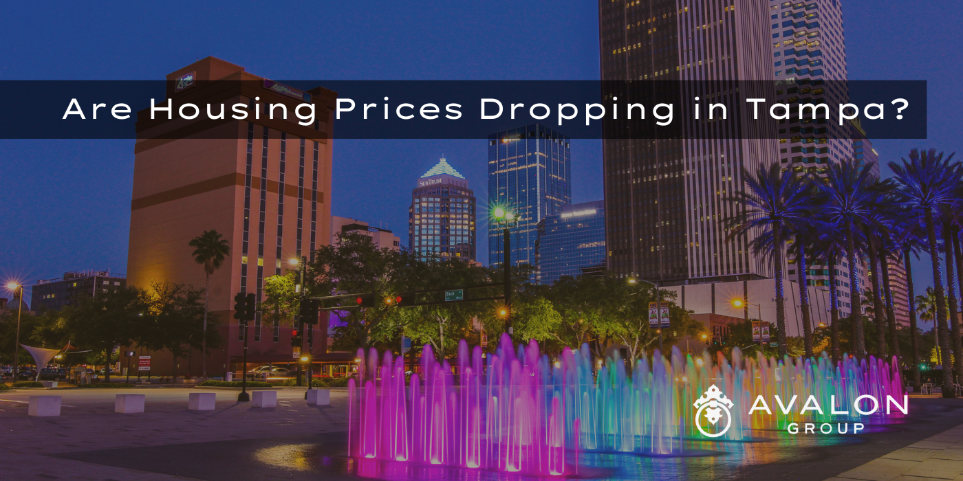 Are Housing Prices Dropping in Tampa cover picture shows the night skyline with a colorful fountain in the foreground.