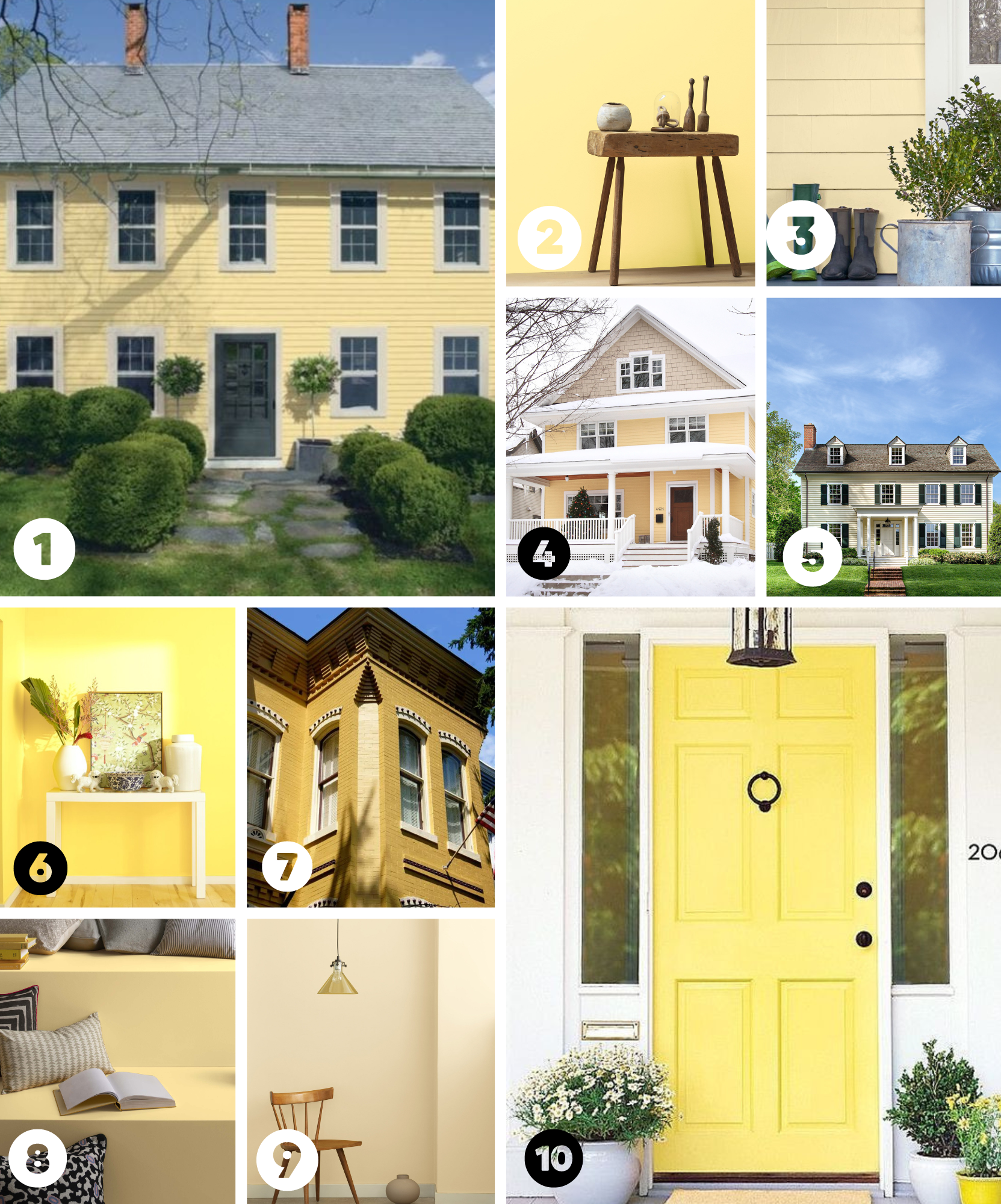 Top Yellow Paint Colors For Home Exterior shows pictures of the top 10 yellow paint colors on home exteriors and inside spaces.