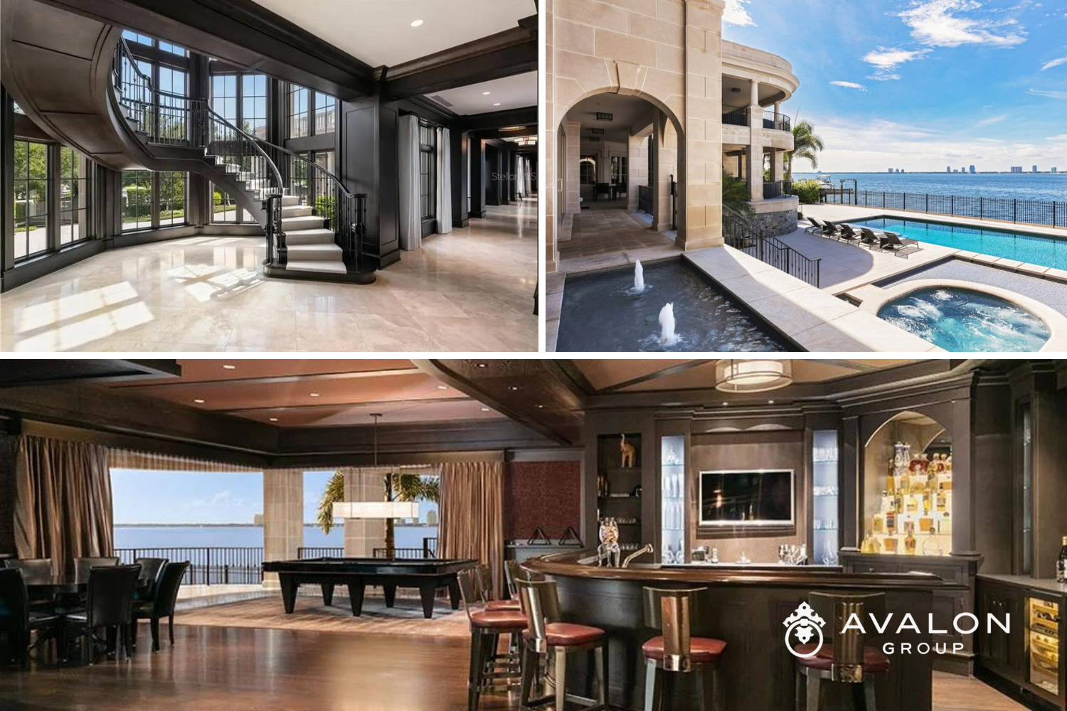 The grand staircase, pool view, and bar area of Derek Jeter's Tampa Home. The interior colors are black and warm tones.