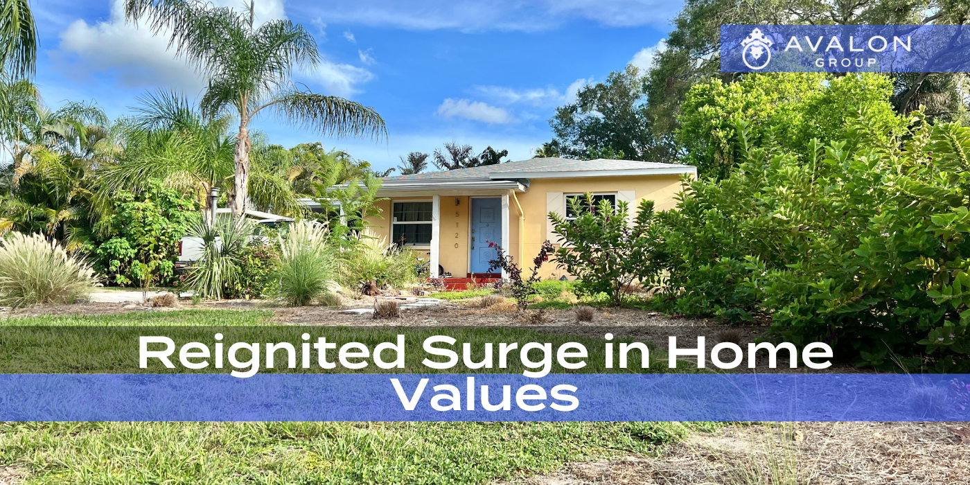 Reignited Surge in Home Values picture of a yellow home with a periwinkle colored front door.