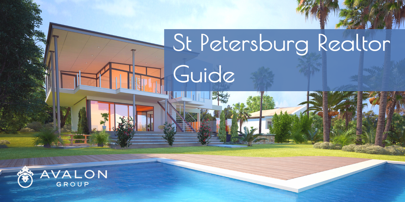 St Petersburg Realtor Guide Cover picture shows a modern home with a modern pool, surrounded by palm trees.