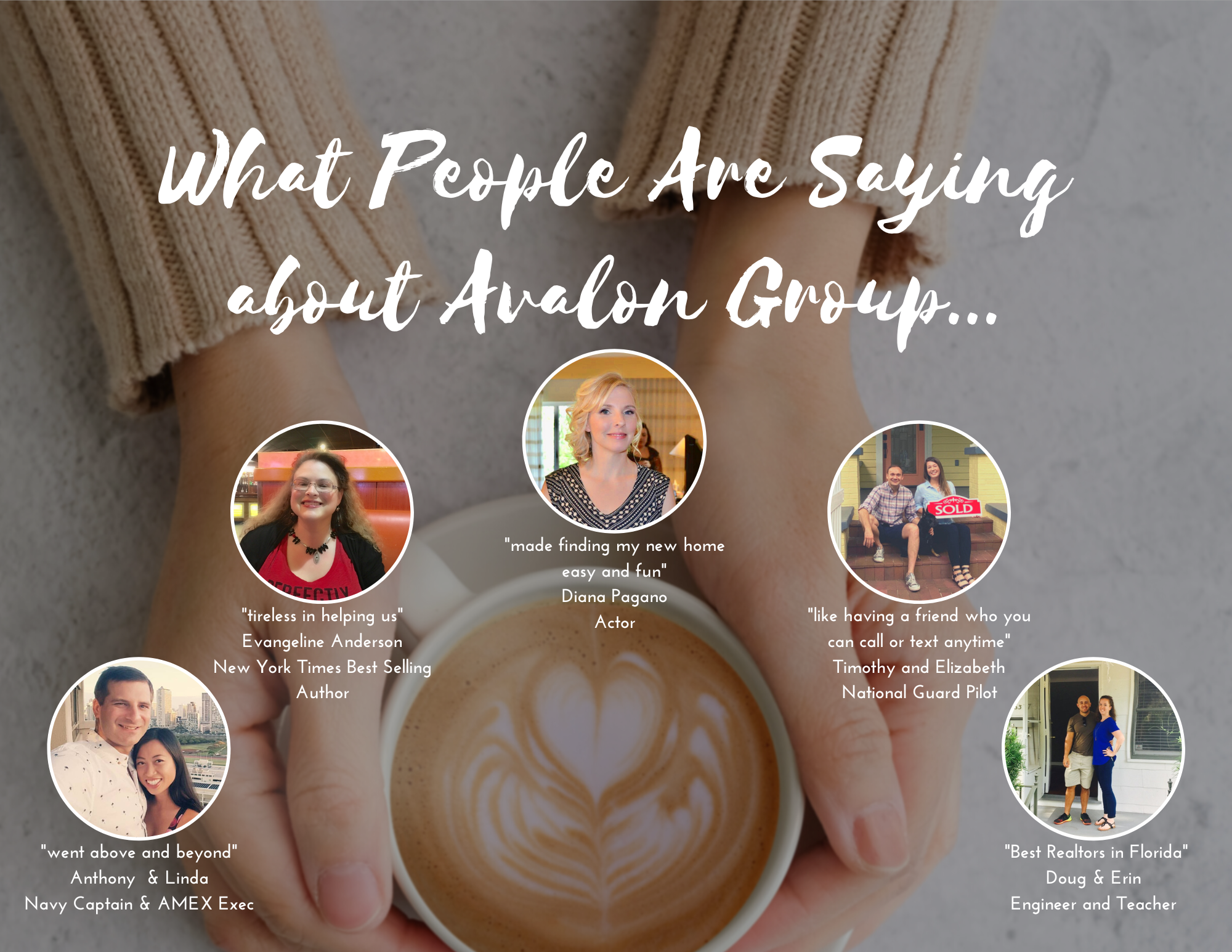 The picture shows pictures of 5 of our past clients with quotes that are from their five star review of Avalon Group.  In the background is a person holding a coffee cup with a heart in the middle of the cup.