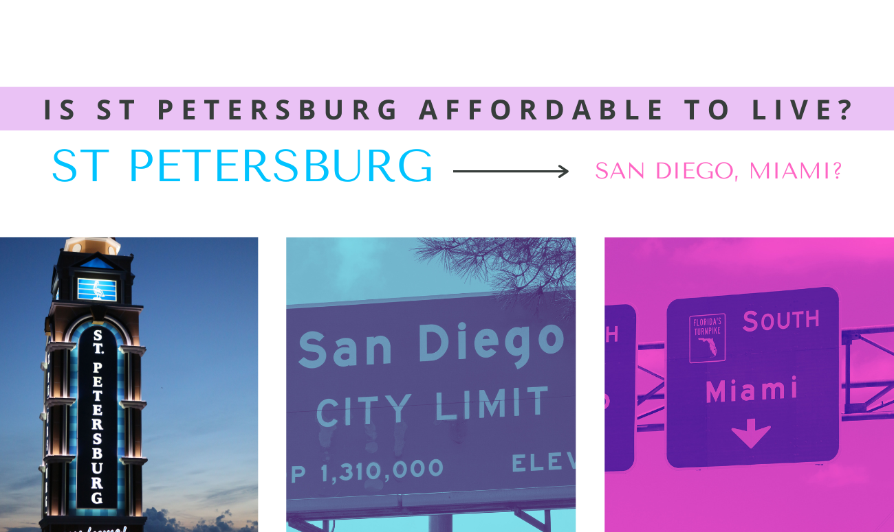 Is St Petersburg Affordable to Live? Cover picture shows a St. Petersburg, San Diego and Miami road sign.