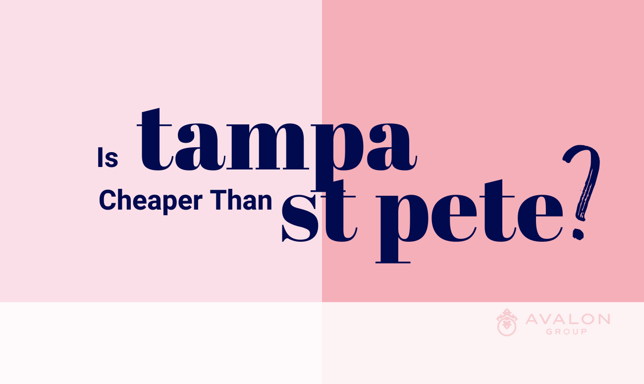 Is Tampa Cheaper than St Pete is written in black letters on top of a dark and a light pink color blocks.