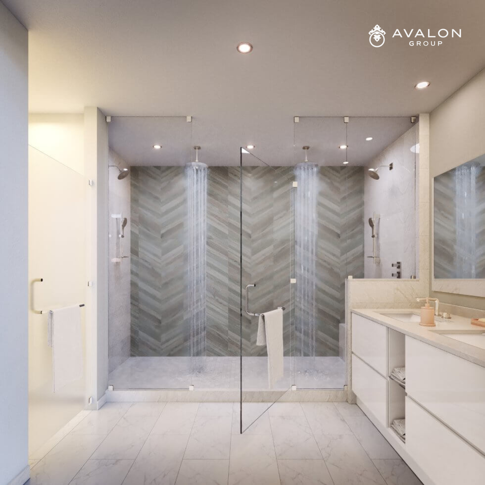 Residences at 400 Central Construction Picture of the double spa shower with marble facade.