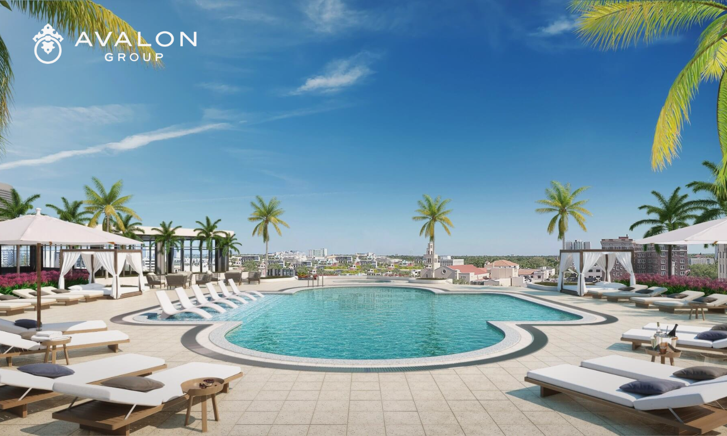 Residences at 400 Central Construction picture shows rendering of Rooftop pool and garden area with cabanas.