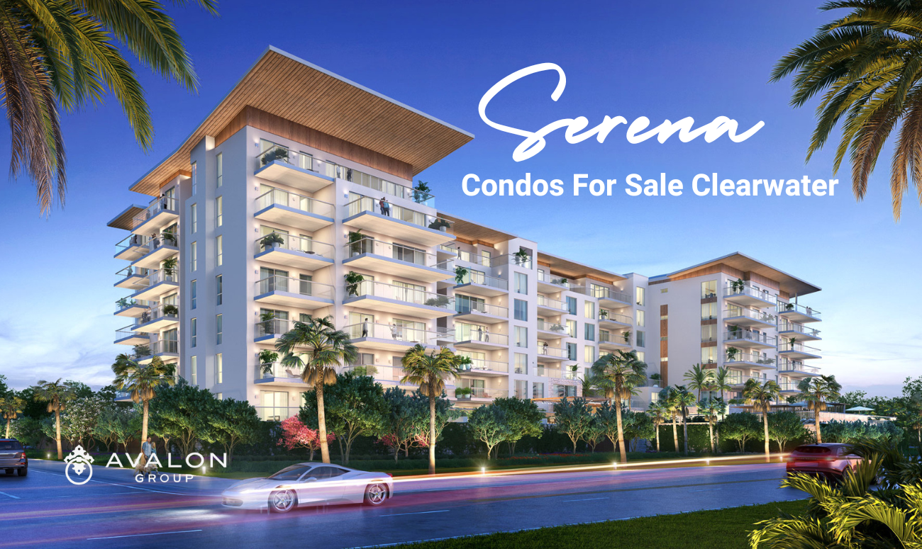 Serena Condos For Sale Clearwater cover picture shows an artistic rendering of the Japandi Modern Style building with white stucco and cedar wood soffits.