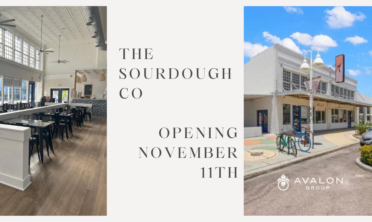 Sourdough Co Opening November 11th cover picture shows the interior with tables and chairs and the outside brick building painted cream color.