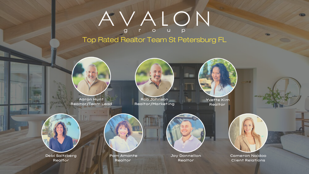 Avalon Group Pictures of each Realtor with a living room in the background.