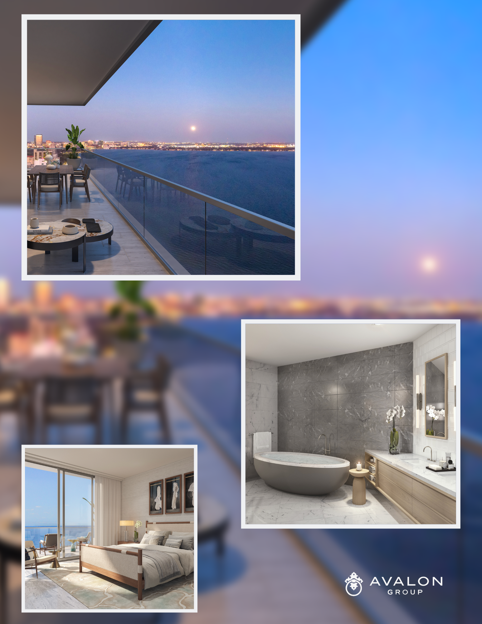 Tampa Ritz Carlton Condos For Sale picture shows Top to bottom:  Balcony over looking Tampa Bay, Spa Bathroom, and Bedrooms with views.
