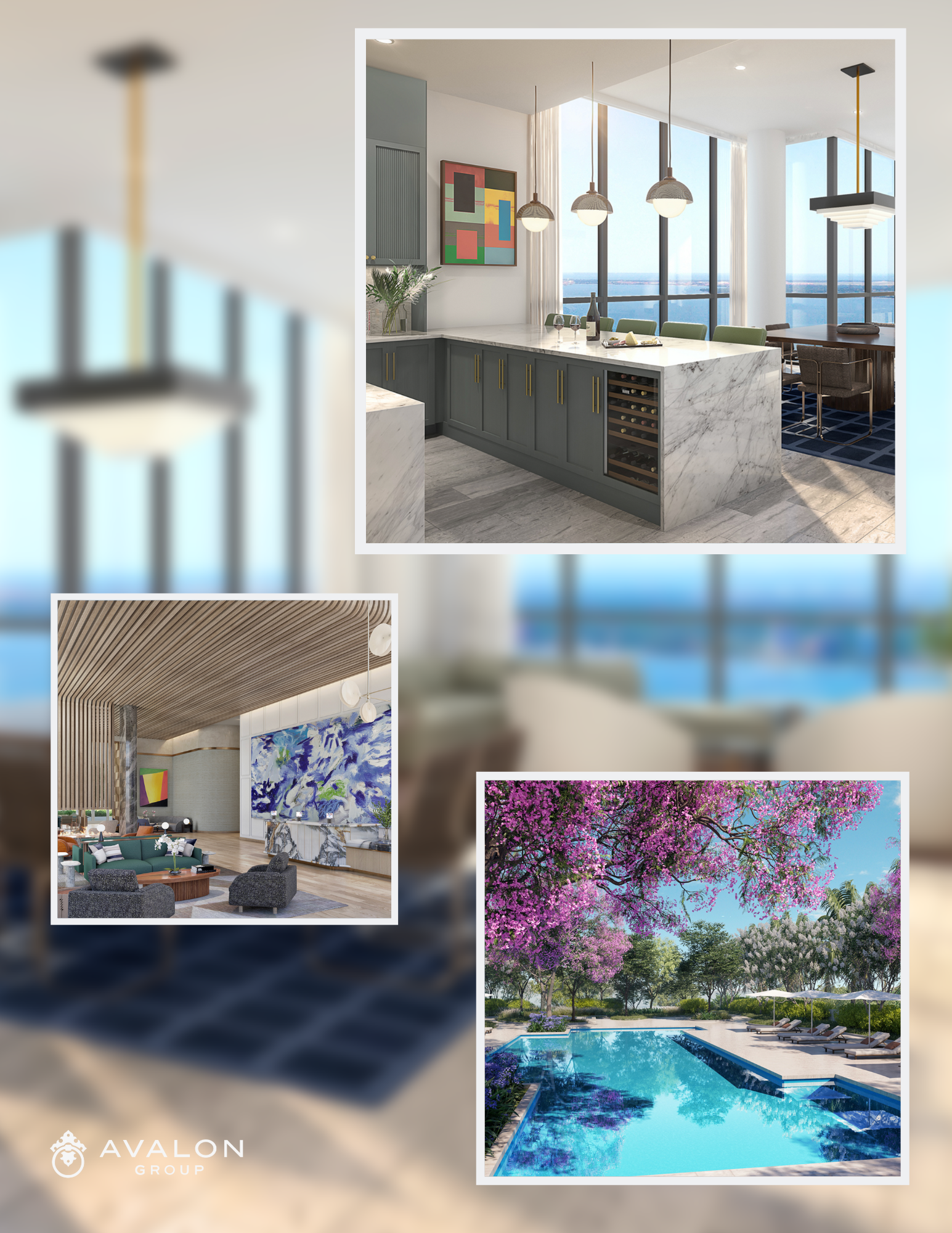 Tampa Ritz Carlton Condos For Sale picture shows:  Top to Bottom:  Gourmet Kitchens, Lobby, and Pool Area Renderings.