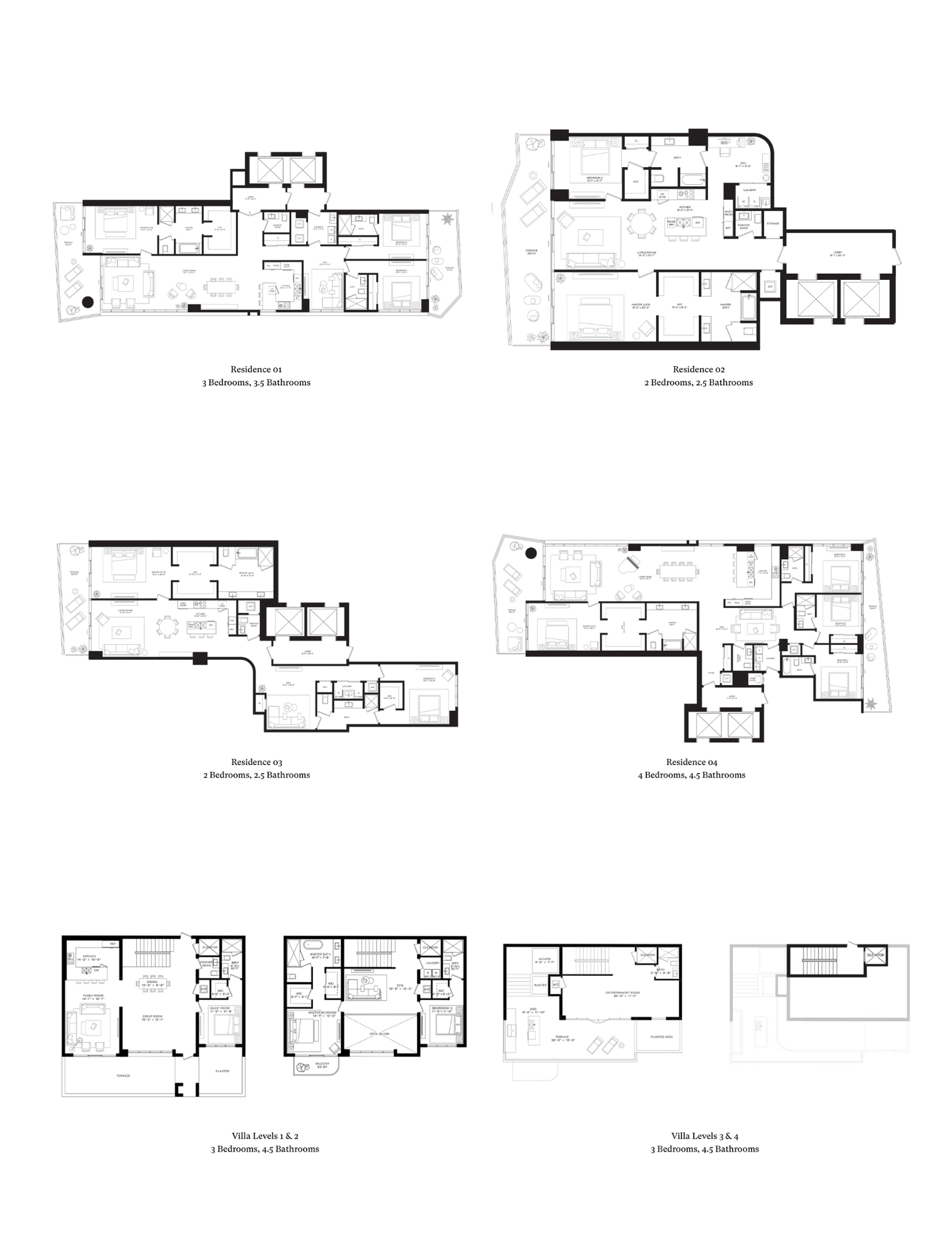 Tampa Ritz Carlton Condos For Sale Floorplans shown in black and white.