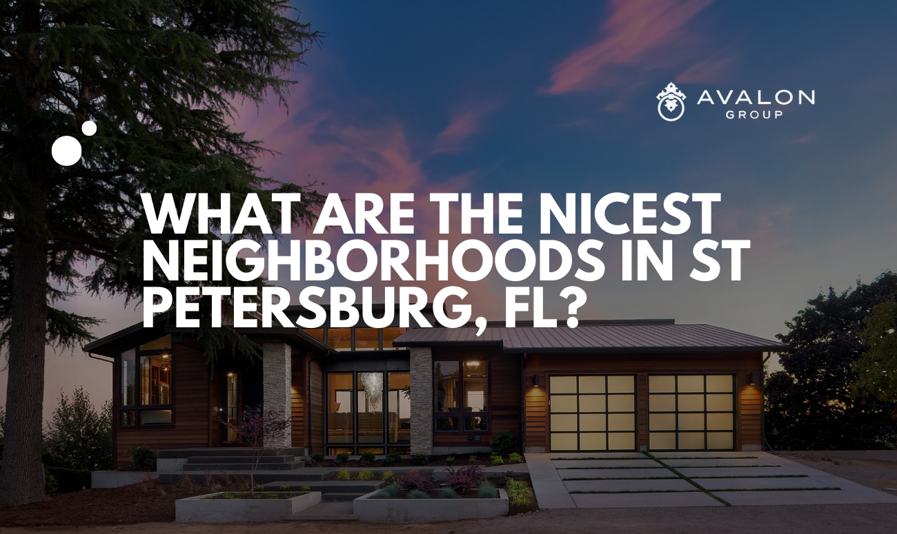 What are the Nicest Neighborhoods in St Petersburg, FL cover picture shows a home at dusk with lights on and the sky has pink clouds.