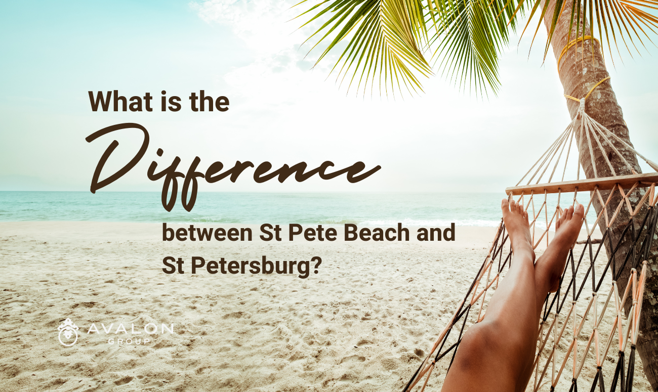 What is the Difference between St Pete Beach and St Petersburg cover picture show title letters in black, on top of a picture of a beach with palm tree and hammock withe legs and feet showing.