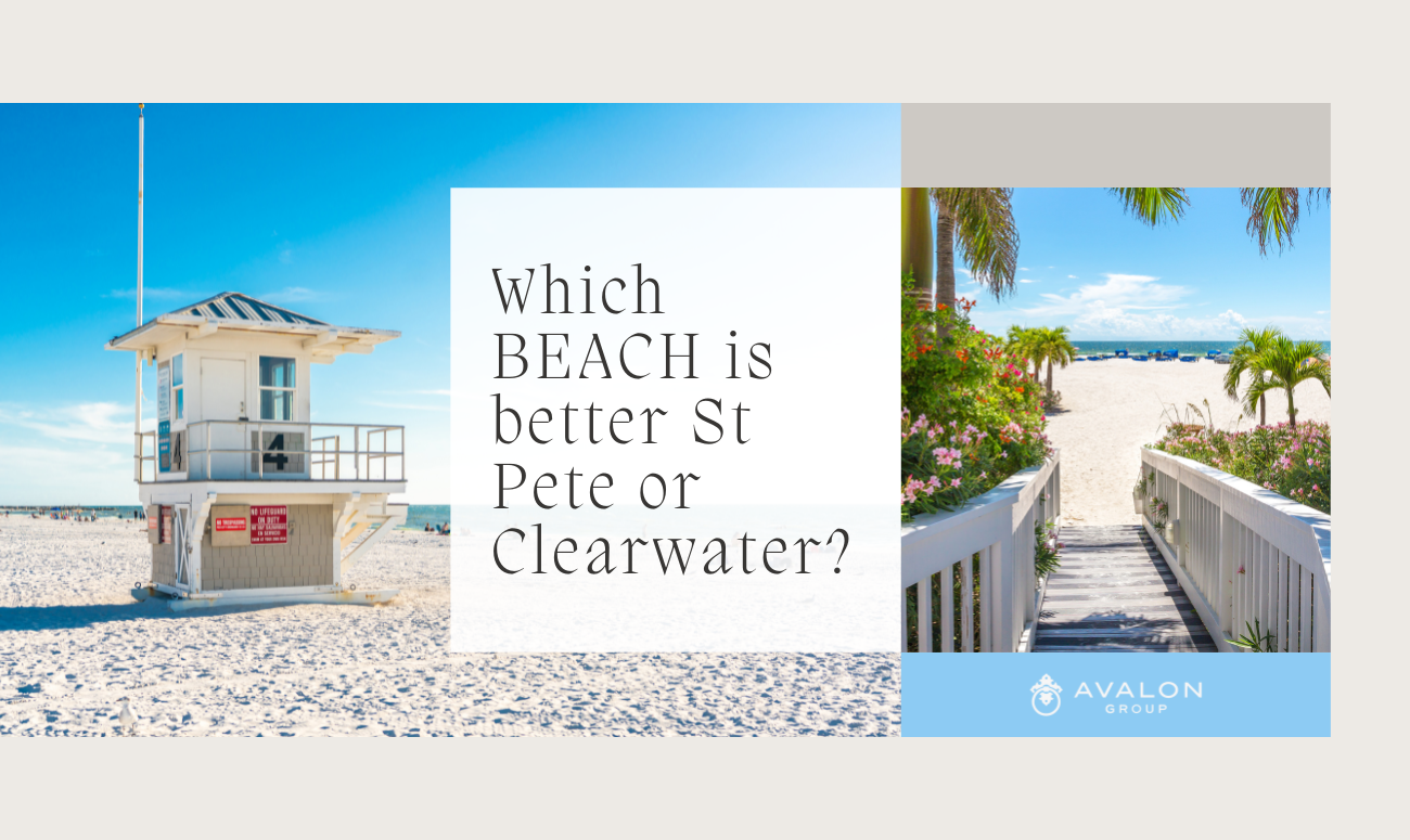 Which beach is better st. Pete or clearwater? Cover picture shows two beach pictures, one with a lifeguard stand and the other with a boardwalk and palm trees.