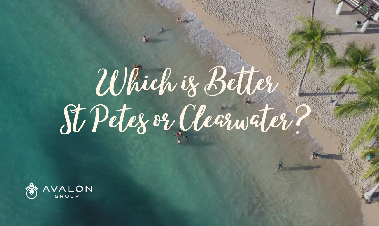 Which is Better St Petes or Clearwater cover picture shows the letters of title in whilte and a beach in the background with teal water.