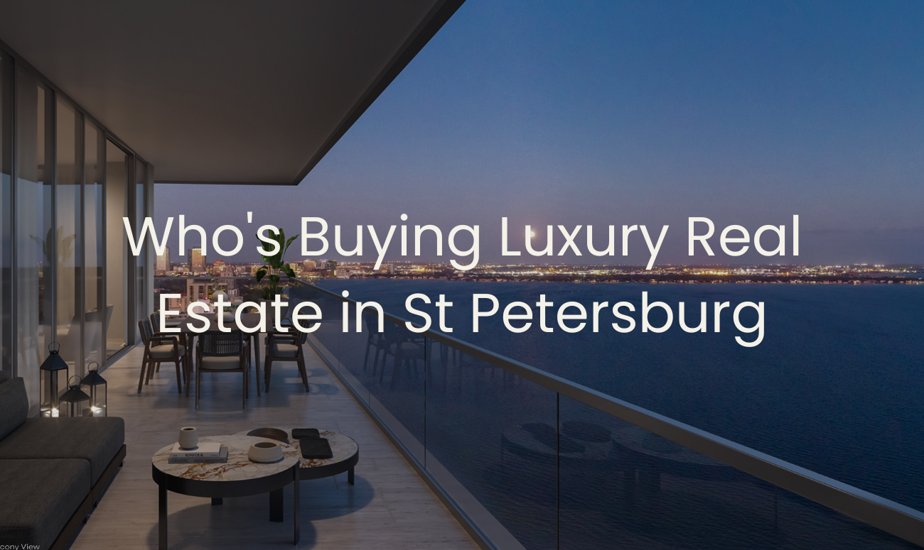 Who's Buying Luxury Real Estate in St Petersburg? cover picture shows a luxury condo's balcony with a Tampa bay View at night.