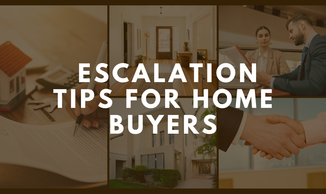 Escalation Tips For Home Buyers cover photo shows pictures of signing a contract, negotiating, and the pictures are darkened so the title shows up in white letters.