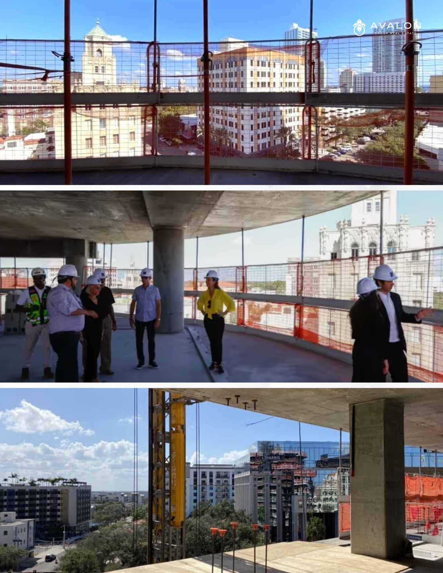 St Petersburg's Tallest Luxury High Rise Pictures inside the construction.  two pictures show the open floors with shower openings in the cement.  The center picture shows people wearing white construction hats.
