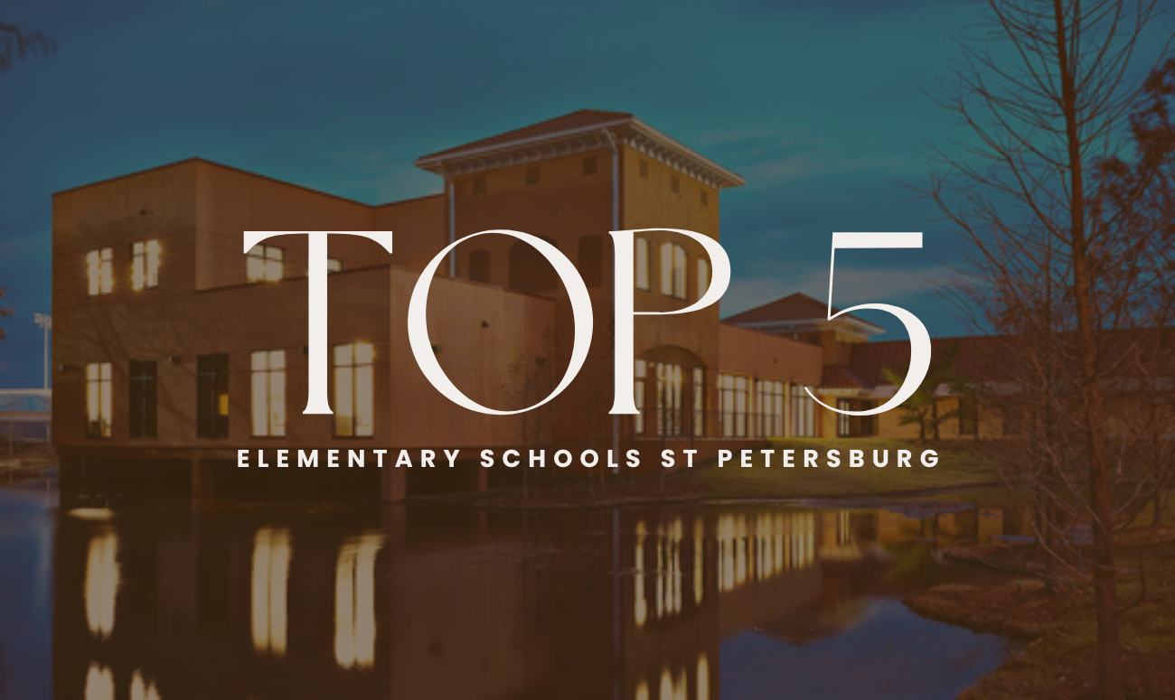Top 5 Elementary Schools St Petersburg cover picture shows a school at dusk with the lights on inside.