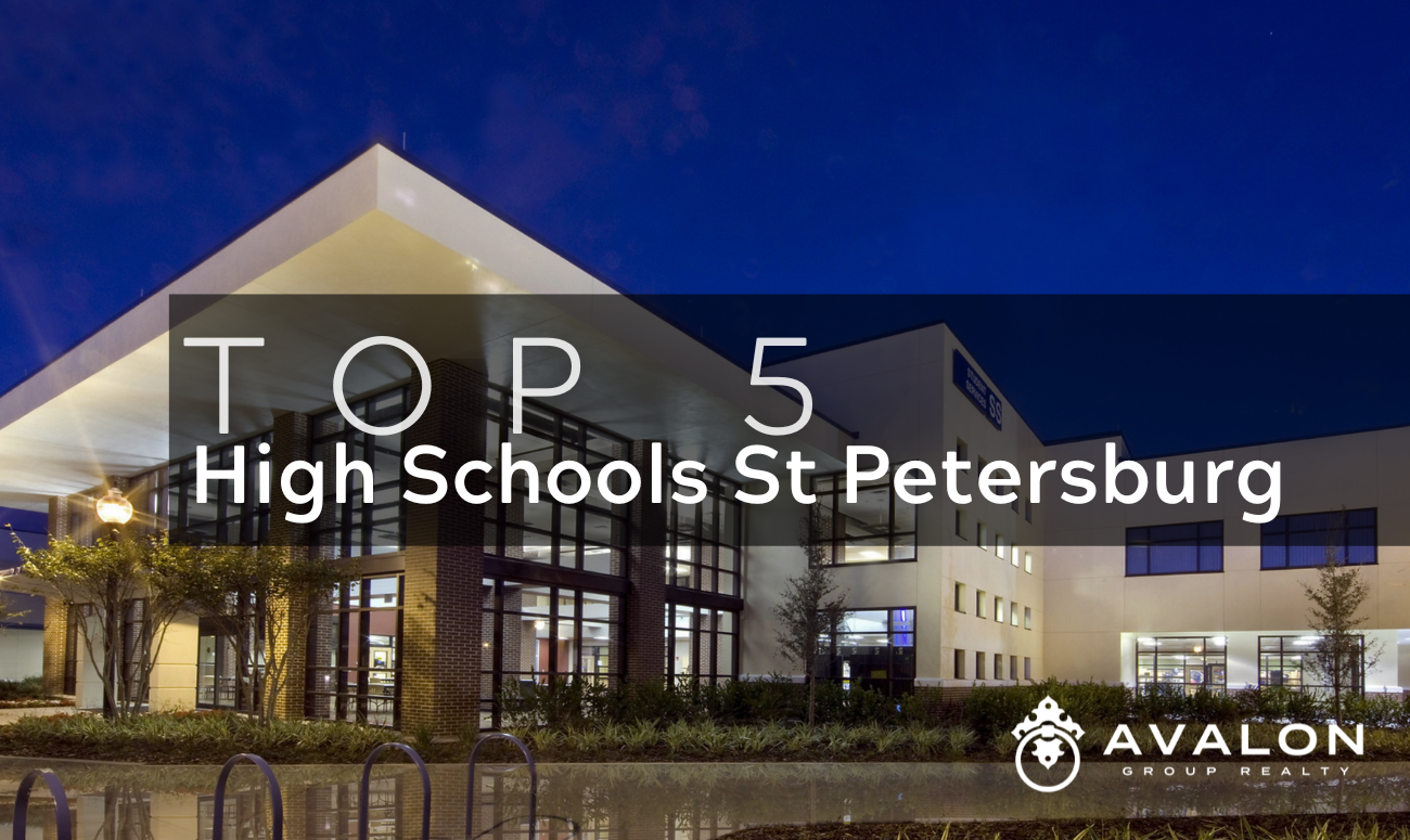 Top 5 High Schools St Petersburg cover picture shows a new high school building and the title is in white letters.