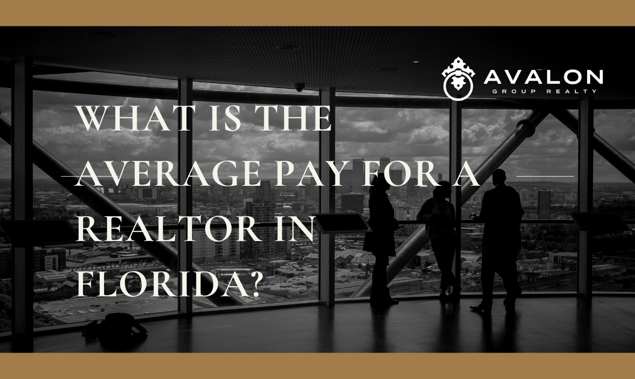 What is the Average Pay for a Realtor in Florida cover picture shows a high rise office in black and white with people shadows. The title is in white letters.