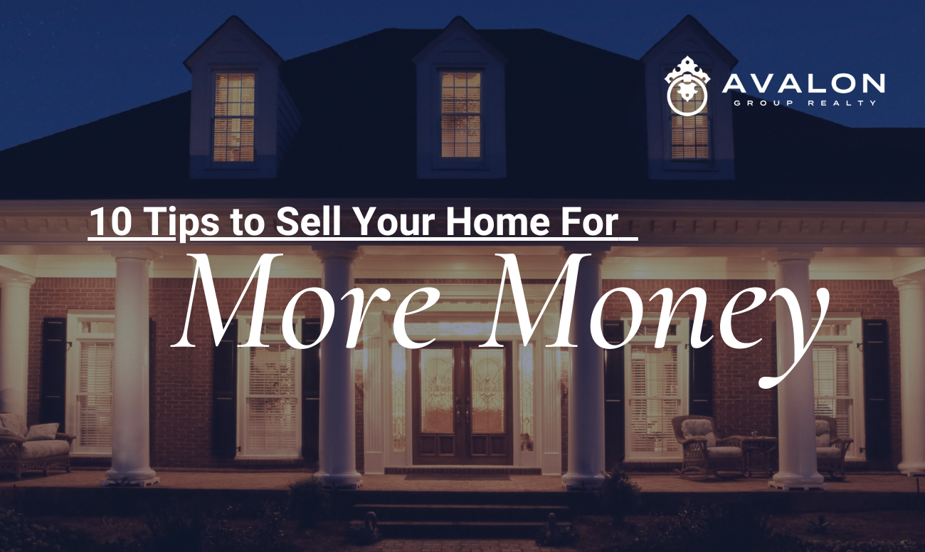 10 Tips to Sell Your Home For More Money cover picture shows a traditional home at night with all the lights on.