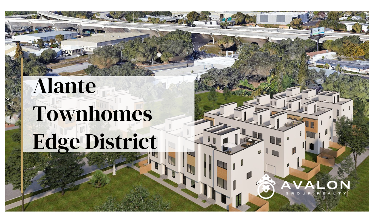Alante Townhomes Edge District cover picture shows a rendering of what the complex will look like. Utilizing white stucco and wood exterior finishes.