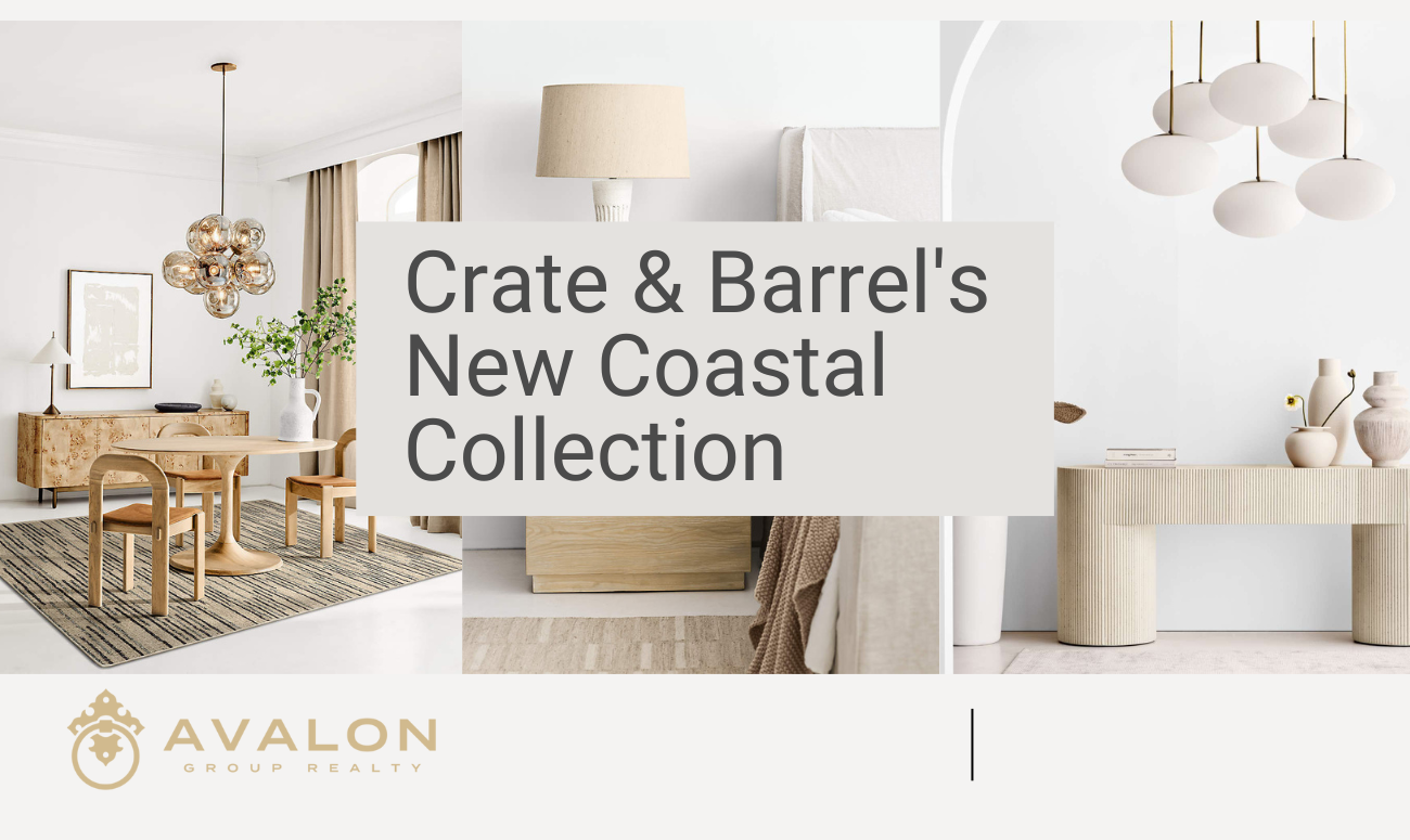 Crate & Barrel's New Coastal Collection cover picture shows 3 room pictures, a dining room, a bedroom and a foyer.