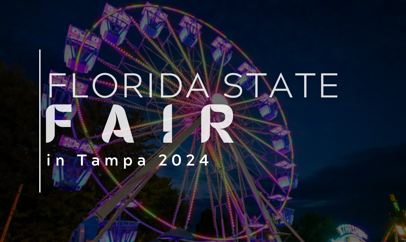 Florida State Fair in Tampa 2024 cover picture shows a ferris wheel at night with purple, blue and pink lights on it.