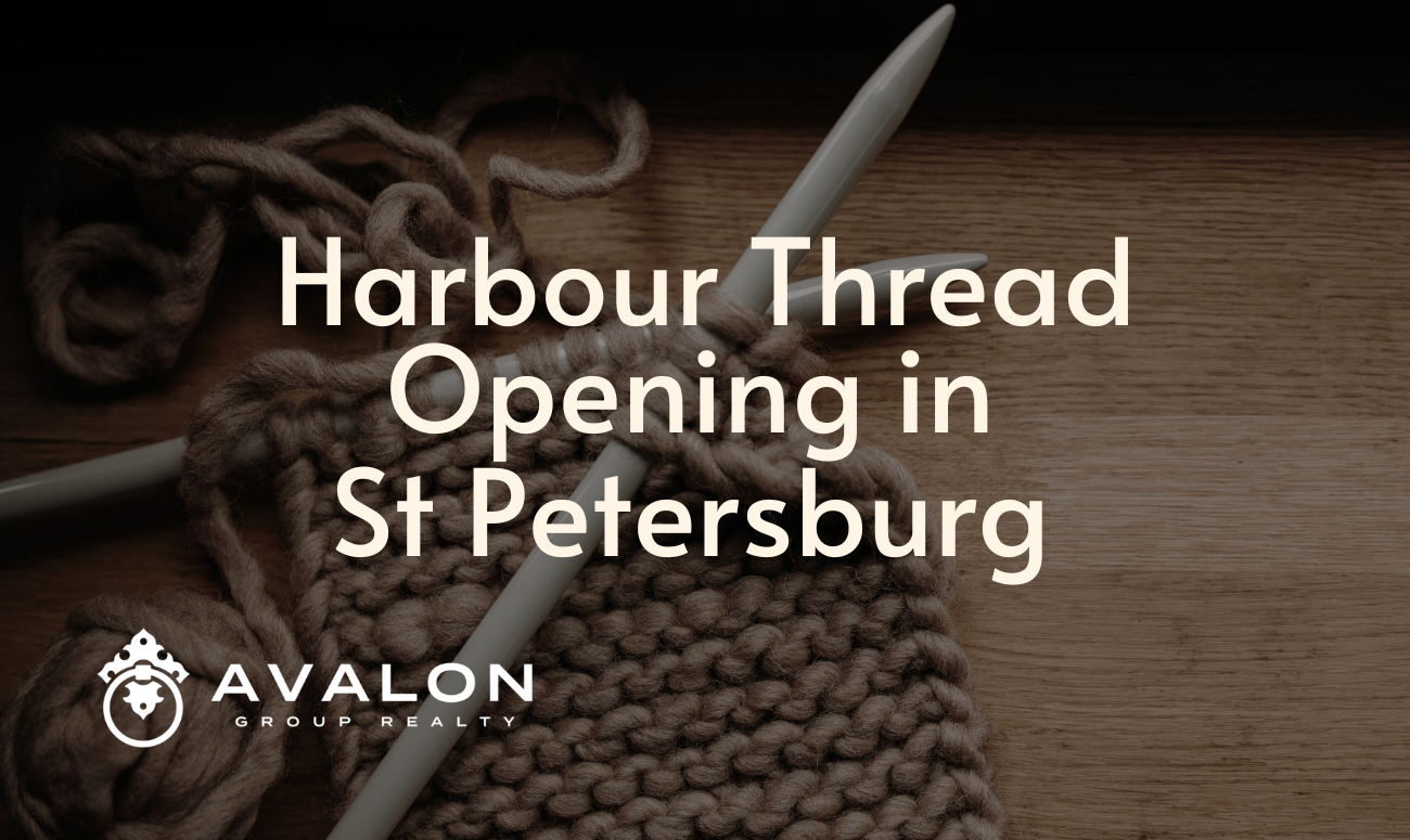 Harbour Thread Opening in St Petersburg cover picture shows title in white letters with yarn in the background.