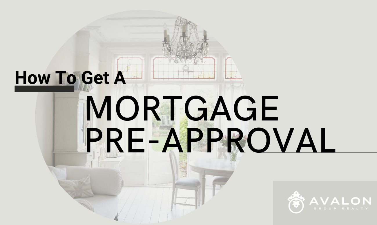 How to Get Mortgage Pre-Approval Cover picture shows a circle picture of a living room with a chandelier. The title letters are in black.