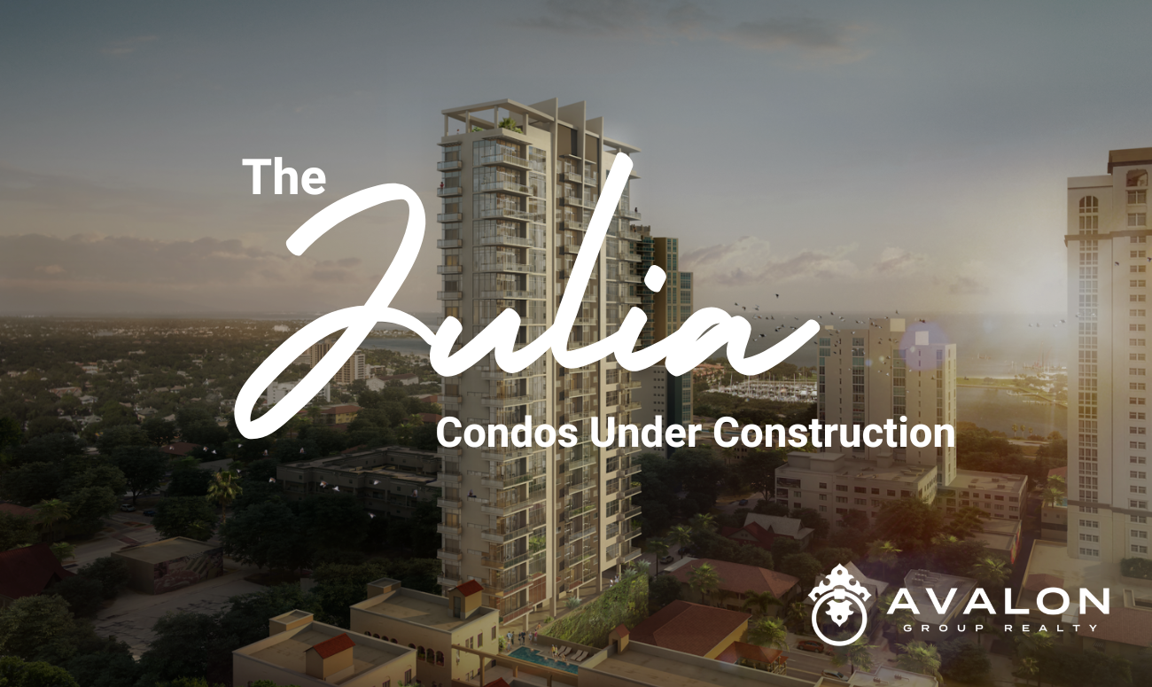 The Julia Condos Under Construction cover picture shows the rendering of the building at dusk. The title uses white letters.